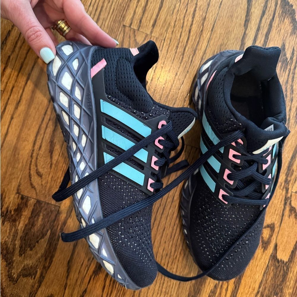 adidas Kids Black Sneakers with Blue Stripes and Pink Accents